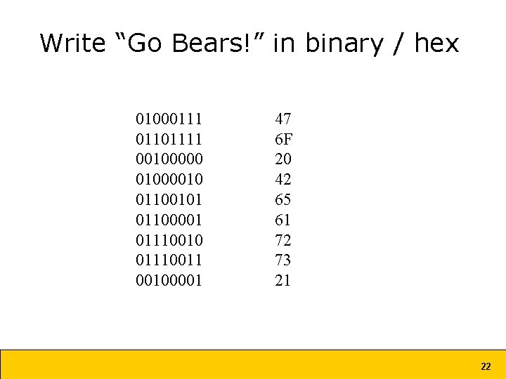Write “Go Bears!” in binary / hex 01000111 01101111 00100000 01000010 01100101 01100001 01110010 Write “Go Bears!” in binary / hex 01000111 01101111 00100000 01000010 01100101 01100001 01110010