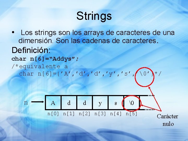 Strings • Los strings son los arrays de caracteres de una dimensión. Son las
