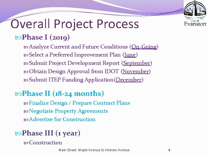 Overall Project Process Phase I (2019) Analyze Current and Future Conditions (On-Going) Select a