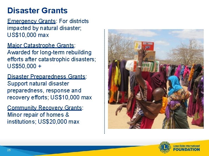 Disaster Grants Emergency Grants: For districts impacted by natural disaster; US$10, 000 max Major