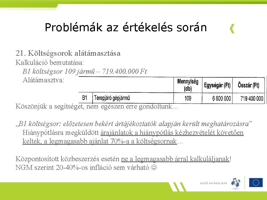 Problémák az értékelés során 21. Költségsorok alátámasztása Kalkuláció bemutatása: B 1 költségsor 109 jármű