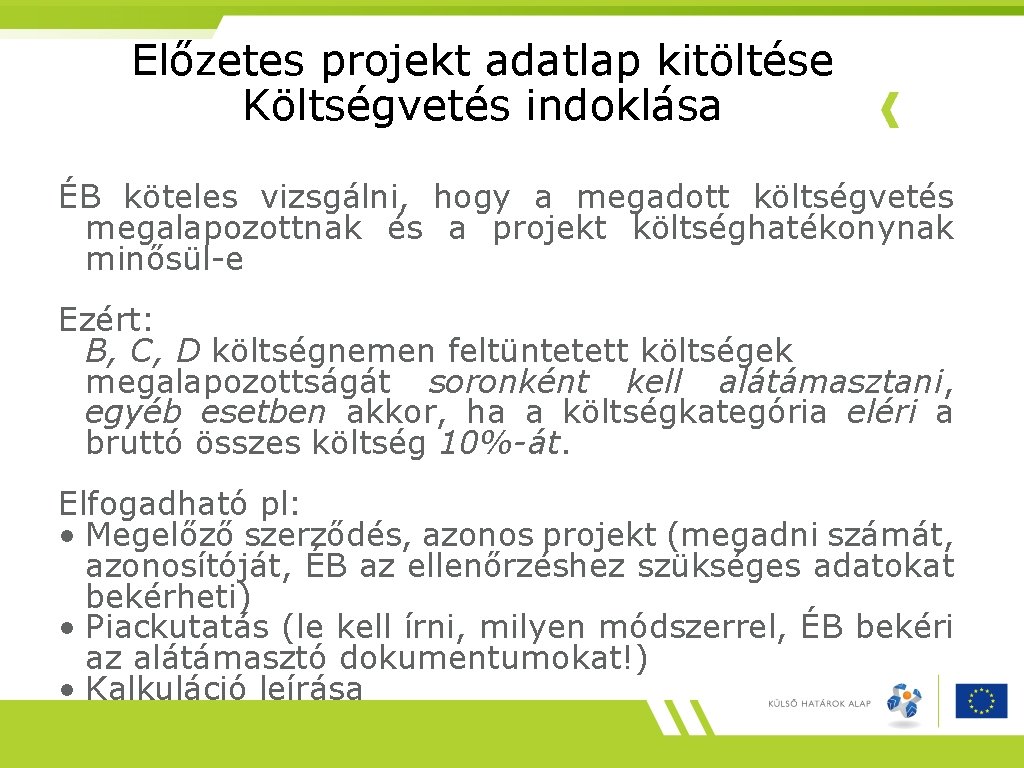 Előzetes projekt adatlap kitöltése Költségvetés indoklása ÉB köteles vizsgálni, hogy a megadott költségvetés megalapozottnak