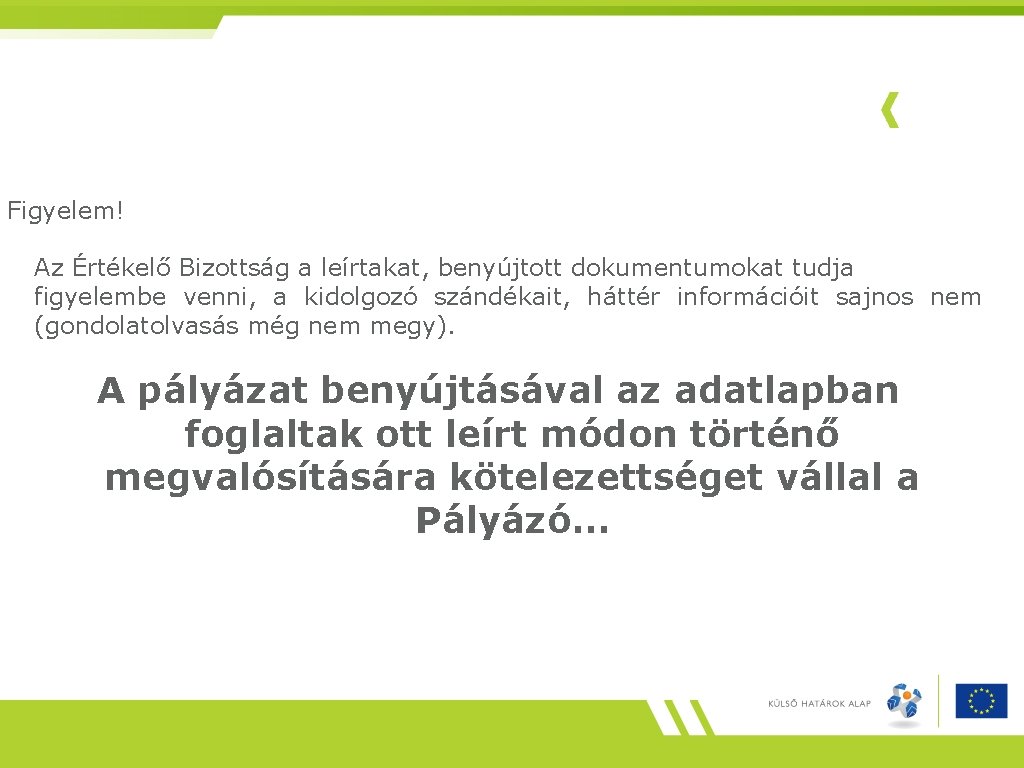 Figyelem! Az Értékelő Bizottság a leírtakat, benyújtott dokumentumokat tudja figyelembe venni, a kidolgozó szándékait,