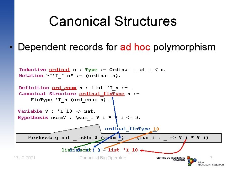 Canonical Structures • Dependent records for ad hoc polymorphism Inductive ordinal n : Type