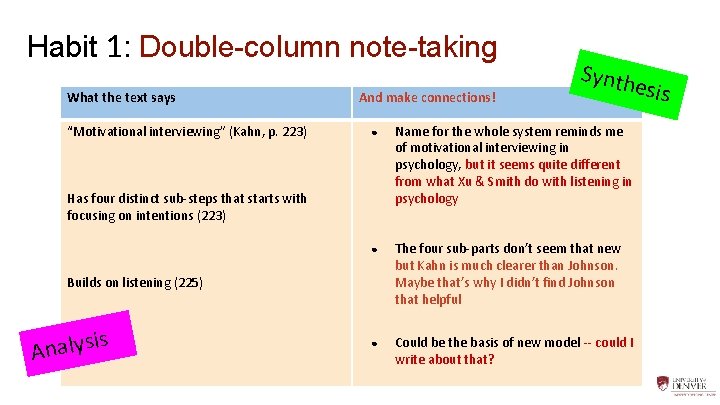 Habit 1: Double-column note-taking What the text says “Motivational interviewing” (Kahn, p. 223) And