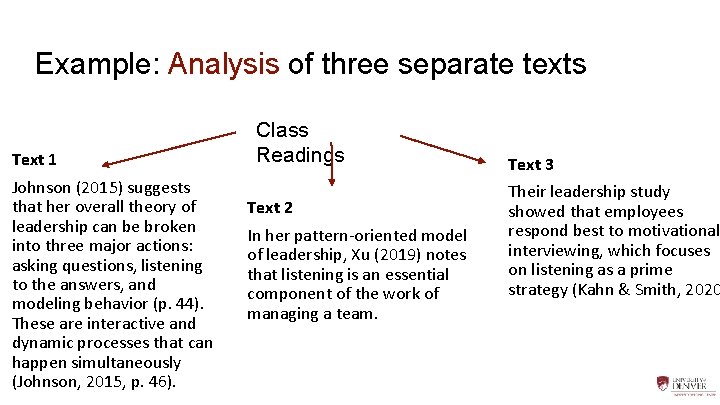 Example: Analysis of three separate texts Text 1 Johnson (2015) suggests that her overall