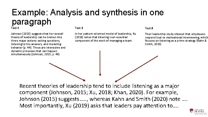 Example: Analysis and synthesis in one paragraph Text 1 Text 2 Text 3 Johnson