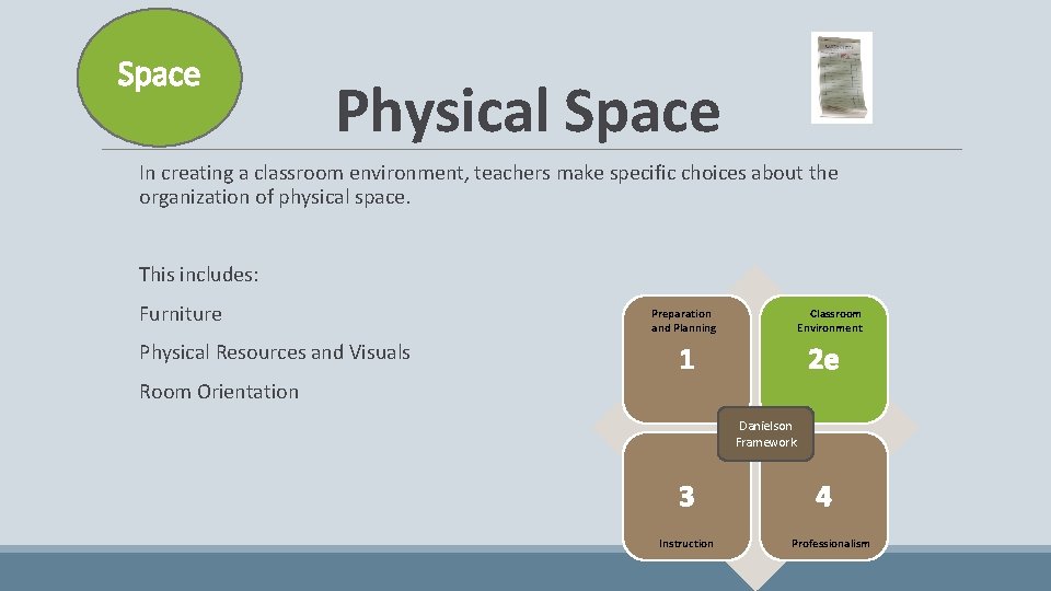 Space Physical Space In creating a classroom environment, teachers make specific choices about the