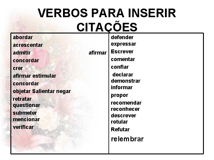 VERBOS PARA INSERIR CITAÇÕES abordar acrescentar admitir concordar crer afirmar estimular concordar objetar Salientar