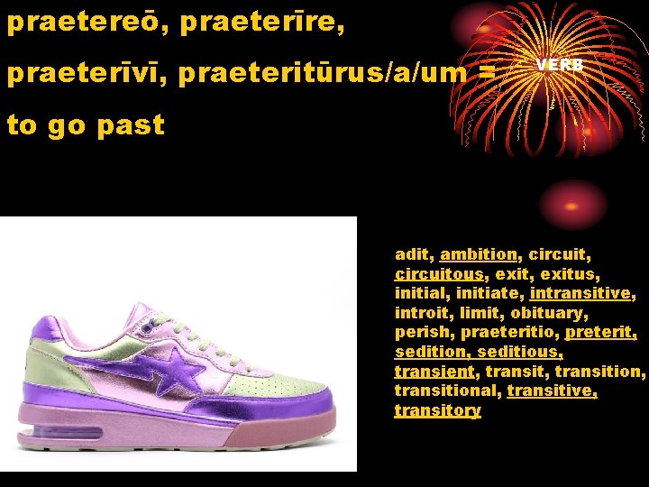 praetereō, praeterīre, praeterīvī, praeteritūrus/a/um = VERB to go past adit, ambition, circuitous, exitus, initial,