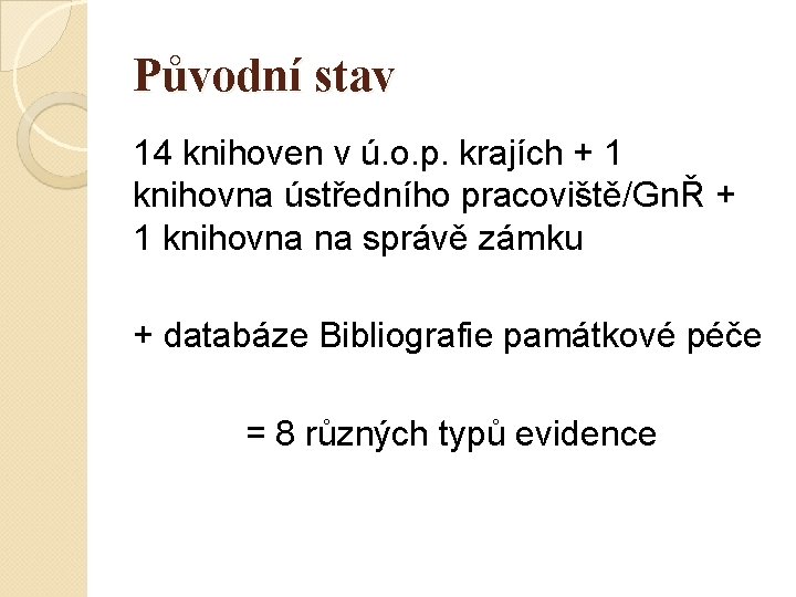 Původní stav 14 knihoven v ú. o. p. krajích + 1 knihovna ústředního pracoviště/GnŘ