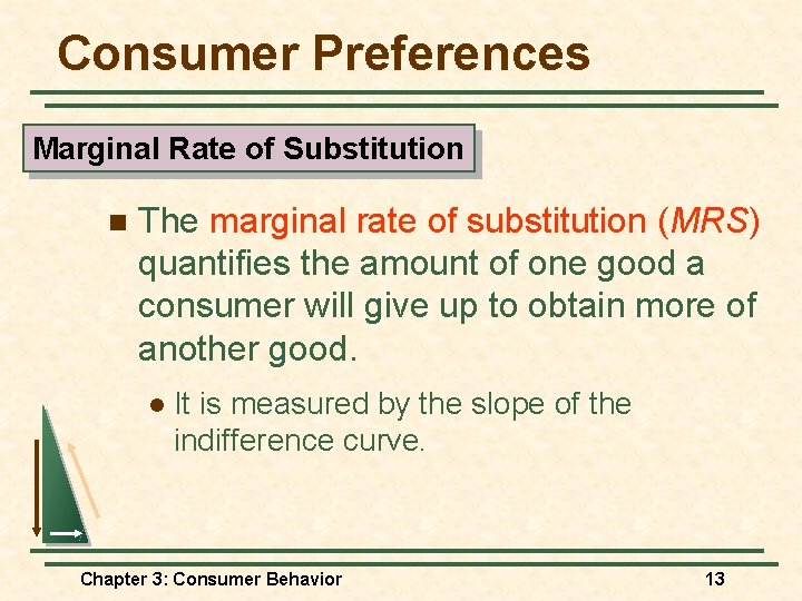Consumer Preferences Marginal Rate of Substitution n The marginal rate of substitution (MRS) quantifies