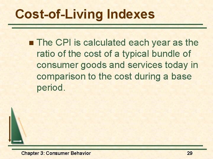 Cost-of-Living Indexes n The CPI is calculated each year as the ratio of the