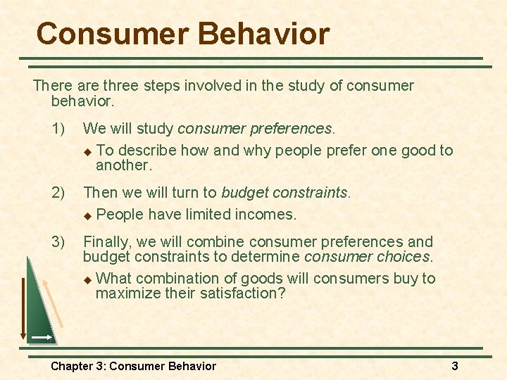 Consumer Behavior There are three steps involved in the study of consumer behavior. 1)