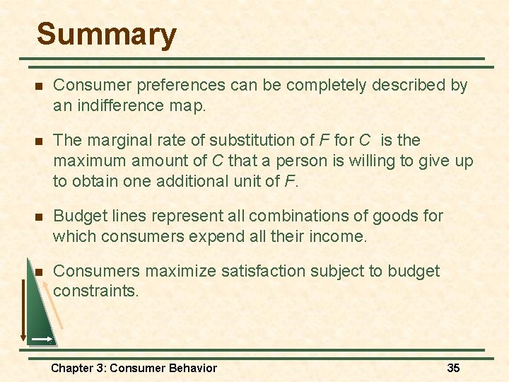 Summary n Consumer preferences can be completely described by an indifference map. n The