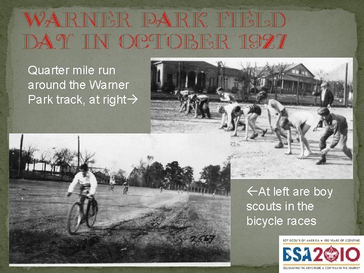 Warner Park Field Day in october 1927 Quarter mile run around the Warner Park