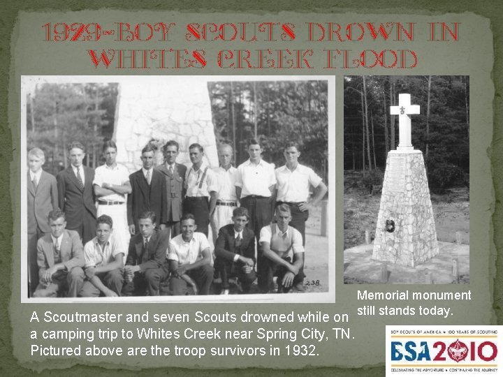 1929 -Boy scouts drown in whites creek flood A Scoutmaster and seven Scouts drowned