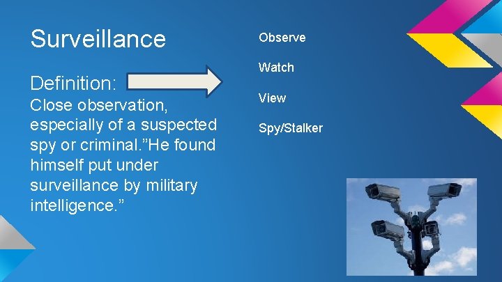 Surveillance Definition: Close observation, especially of a suspected spy or criminal. ”He found himself