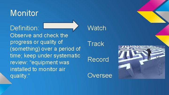 Monitor Definition: Observe and check the progress or quality of (something) over a period