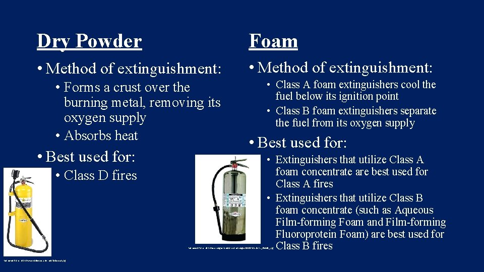 Dry Powder Foam • Method of extinguishment: • Forms a crust over the burning