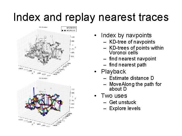 Index and replay nearest traces • Index by navpoints – KD-tree of navpoints –