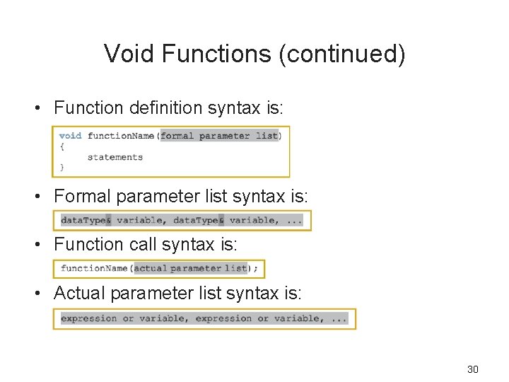 Void Functions (continued) • Function definition syntax is: • Formal parameter list syntax is: