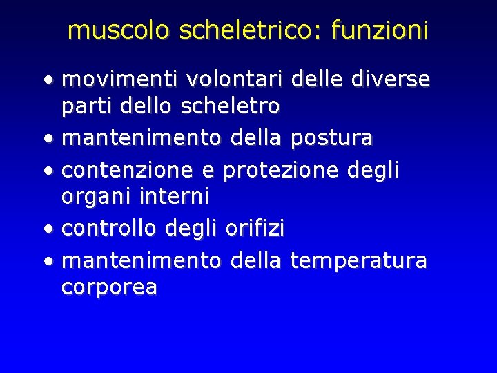 muscolo scheletrico: funzioni • movimenti volontari delle diverse parti dello scheletro • mantenimento della