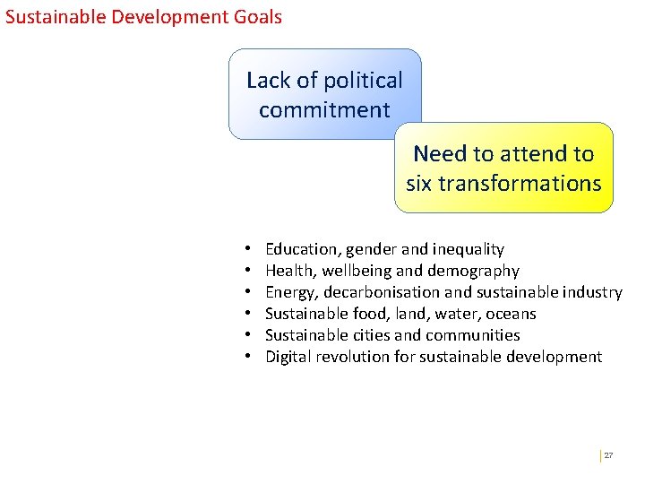 Sustainable Development Goals Lack of political commitment Need to attend to six transformations •