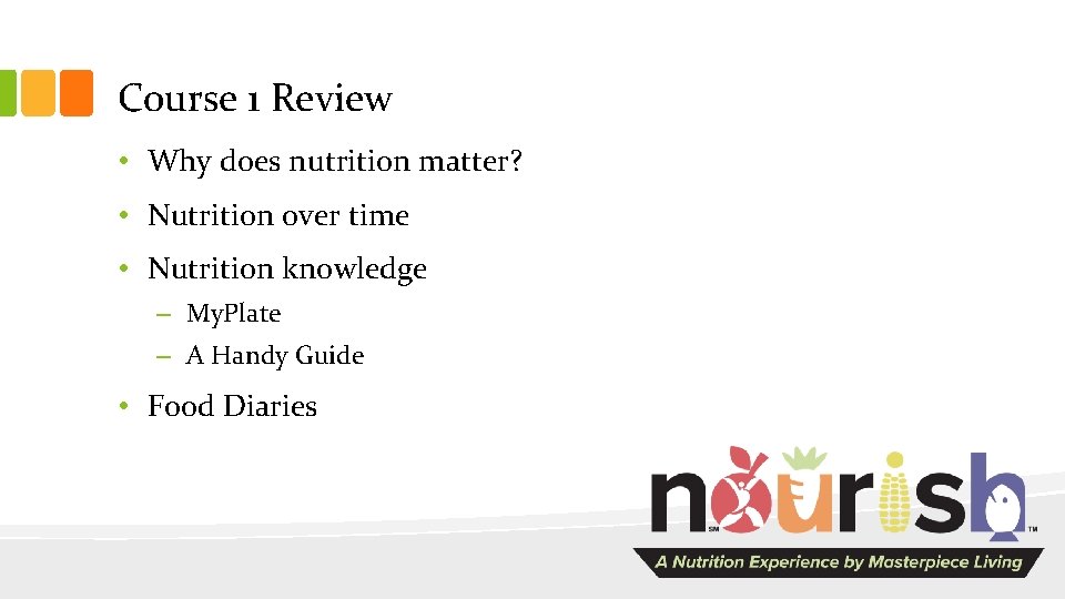 Course 1 Review • Why does nutrition matter? • Nutrition over time • Nutrition