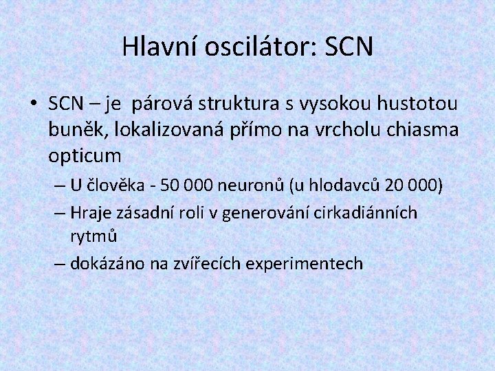 Hlavní oscilátor: SCN • SCN – je párová struktura s vysokou hustotou buněk, lokalizovaná