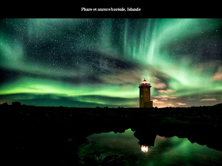 Phare et aurore boréale, Islande 