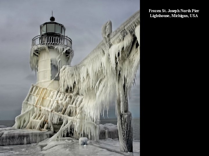 Frozen St. Joseph North Pier Lighthouse, Michigan, USA 