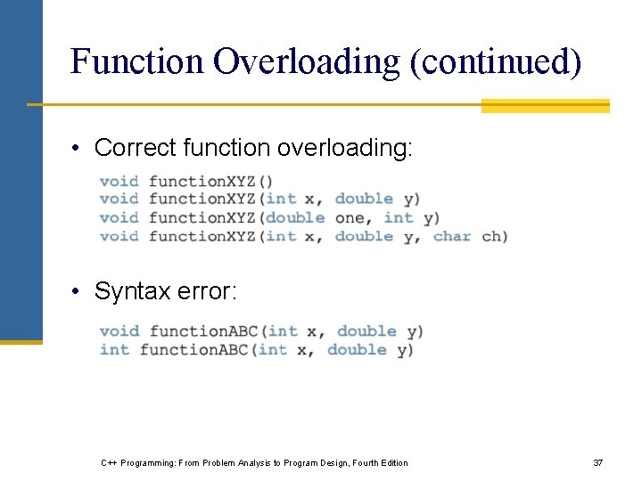 Function Overloading (continued) • Correct function overloading: • Syntax error: C++ Programming: From Problem Function Overloading (continued) • Correct function overloading: • Syntax error: C++ Programming: From Problem