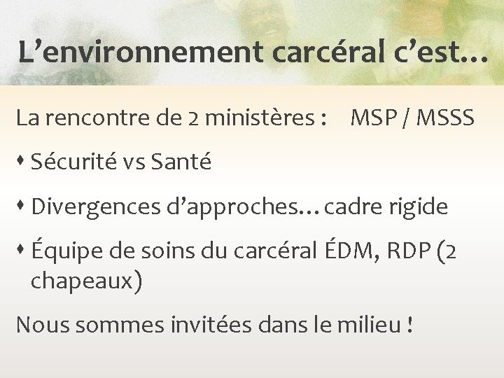 L’environnement carcéral c’est… La rencontre de 2 ministères : MSP / MSSS Sécurité vs