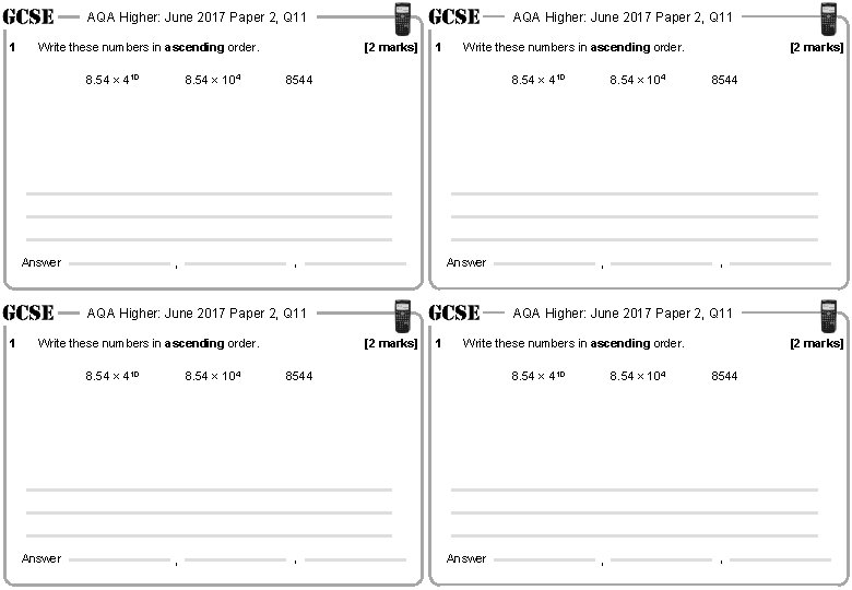 AQA Higher: June 2017 Paper 2, Q 11 1 Write these numbers in ascending