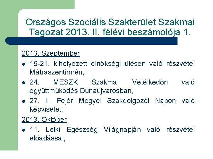 Országos Szociális Szakterület Szakmai Tagozat 2013. II. félévi beszámolója 1. 2013. Szeptember l 19