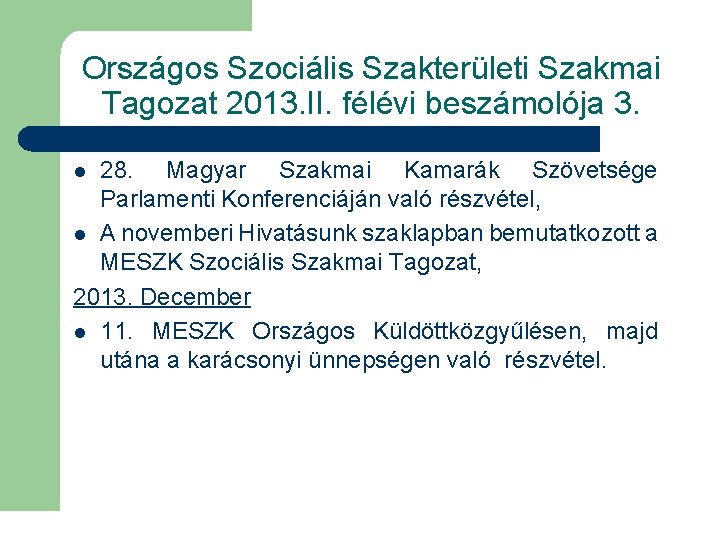 Országos Szociális Szakterületi Szakmai Tagozat 2013. II. félévi beszámolója 3. 28. Magyar Szakmai Kamarák