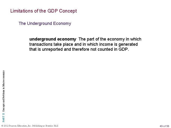 Limitations of the GDP Concept The Underground Economy PART II Concepts and Problems in