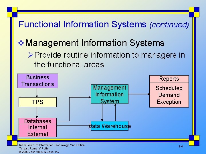 Functional Information Systems (continued) v Management Information Systems ØProvide routine information to managers in