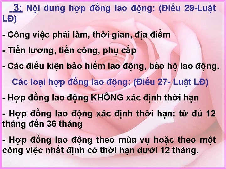 3: Nội dung hợp đồng lao động: (Điều 29 -Luật LĐ) - Công việc