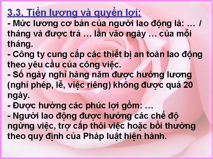 3. 3. Tiền lương và quyền lợi: - Mức lương cơ bản của người