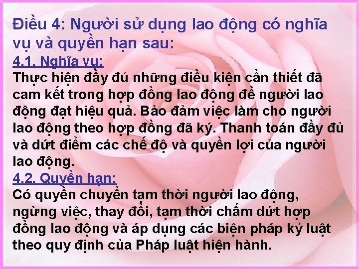 Điều 4: Người sử dụng lao động có nghĩa vụ và quyền hạn sau: