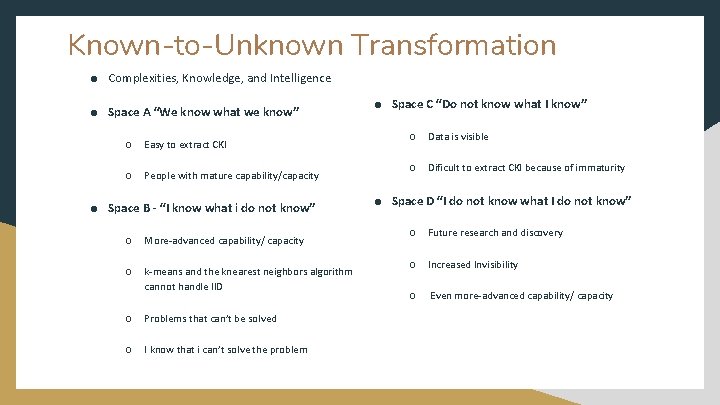 Known-to-Unknown Transformation ● Complexities, Knowledge, and Intelligence ● Space A “We know what we