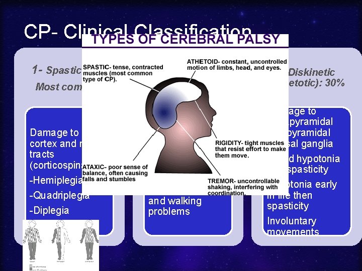 CP- Clinical Classification 1 - Spastic: 60% Most common Damage to motor cortex and