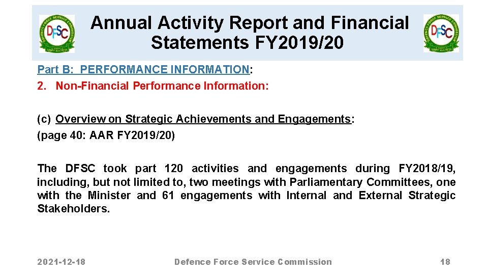 Annual Activity Report and Financial Statements FY 2019/20 Part B: PERFORMANCE INFORMATION: 2. Non-Financial