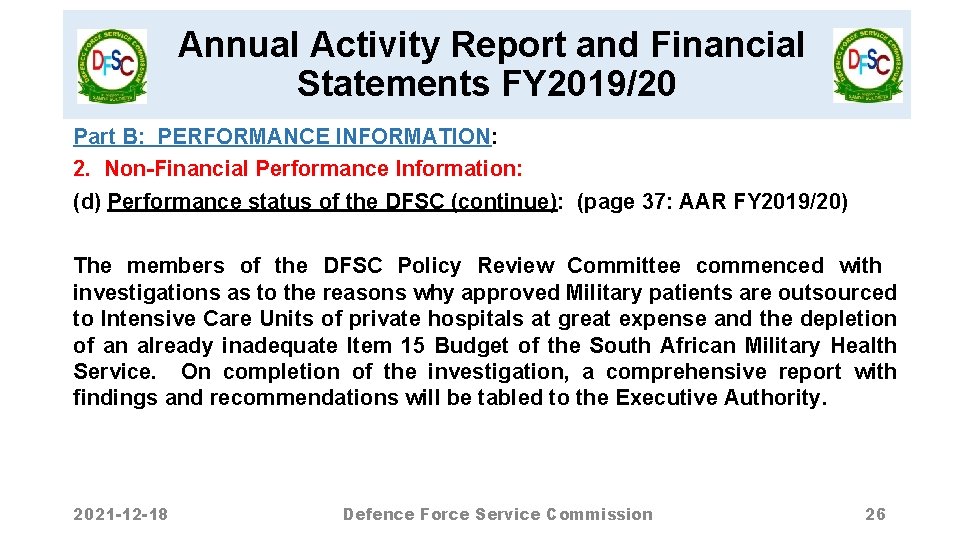 Annual Activity Report and Financial Statements FY 2019/20 Part B: PERFORMANCE INFORMATION: 2. Non-Financial