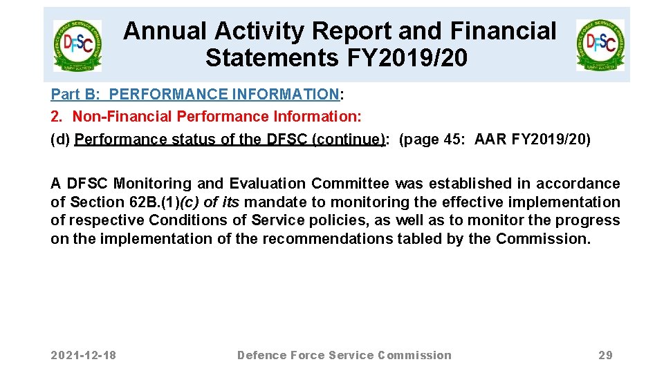 Annual Activity Report and Financial Statements FY 2019/20 Part B: PERFORMANCE INFORMATION: 2. Non-Financial