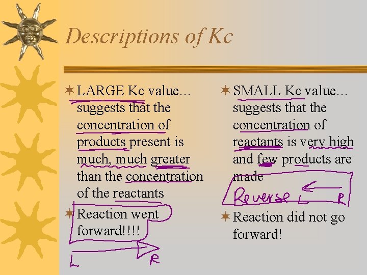 Descriptions of Kc ¬ LARGE Kc value… suggests that the concentration of products present