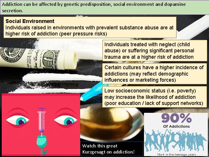 Addiction can be affected by genetic predisposition, social environment and dopamine secretion. Social Environment