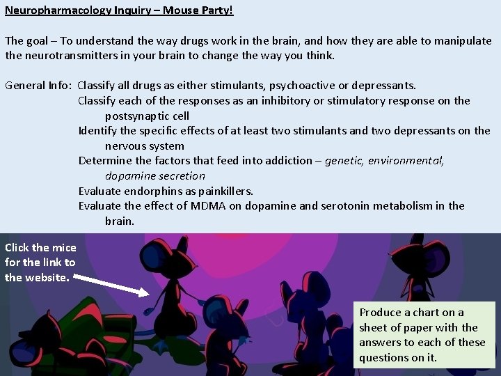 Neuropharmacology Inquiry – Mouse Party! The goal – To understand the way drugs work